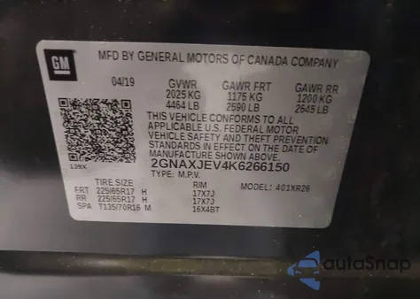 2019 Chevrolet Equinox Lt z USA, uszkodzony, nr VIN 2GNAXJEV4K6266150